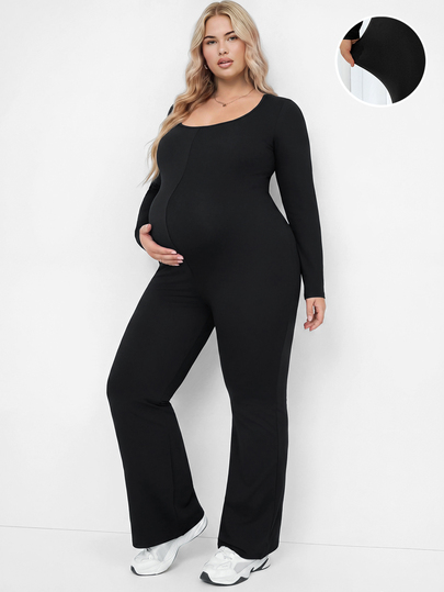 Plussiva Plus Size Maternity Solid Color Square Neck Long Sleeve Casual Flare Leg Jumpsuit