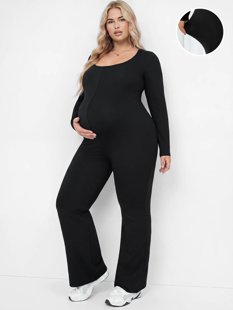 Plussiva جمبسوت كاجوال للحوامل مقاس كبير بلون سادة وياقة مربعة وأكمام طويلة وساق واسعة - الأسود - مشاهدة 1