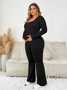 Plussiva جمبسوت كاجوال للحوامل مقاس كبير بلون سادة وياقة مربعة وأكمام طويلة وساق واسعة - الأسود - مشاهدة 5