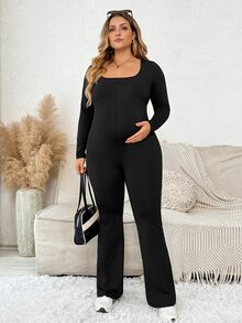 Plussiva جمبسوت كاجوال للحوامل مقاس كبير بلون سادة وياقة مربعة وأكمام طويلة وساق واسعة - الأسود - مشاهدة 8