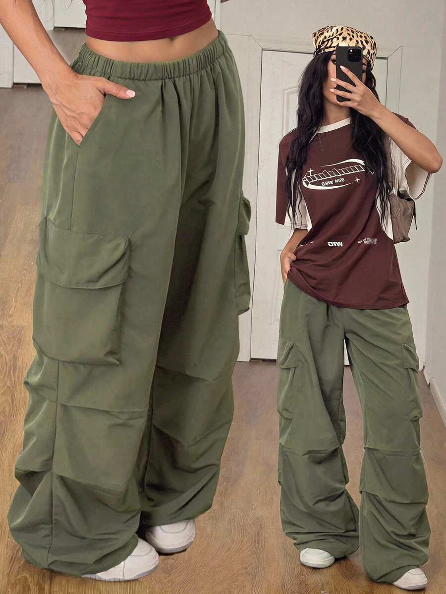 SHEIN Sparklyn Tween Girl Fall Clothes Solid Color Casual Versatile Daily Wear Long Pants,Streetwear, Autumn/Winter Outfit, Back To School, Knit, Loose,Cargo Pants