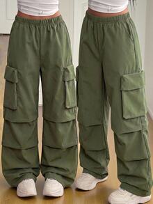 SHEIN Sparklyn Tween Girl Fall Clothes Solid Color Casual Versatile Daily Wear Long Pants,Streetwear, Autumn/Winter Outfit, Back To School, Knit, Loose,Cargo Pants - Army Green - View 10