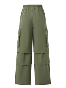 SHEIN Sparklyn Tween Girl Fall Clothes Solid Color Casual Versatile Daily Wear Long Pants,Streetwear, Autumn/Winter Outfit, Back To School, Knit, Loose,Cargo Pants - Army Green - View 3