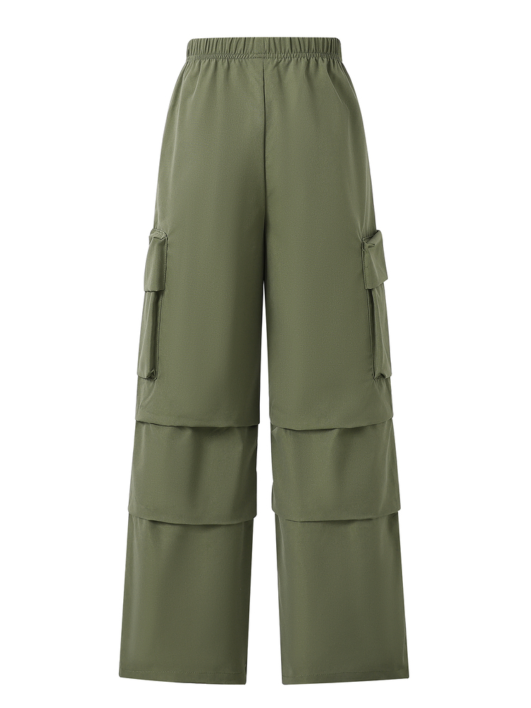 SHEIN Sparklyn Tween Girl Fall Clothes Solid Color Casual Versatile Daily Wear Long Pants,Streetwear, Autumn/Winter Outfit, Back To School, Knit, Loose,Cargo Pants - Army Green - View 2
