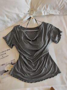 Women's Solid Color Pleated Short Sleeve Top And Long Pants Casual Daily 2 Pieces Set - Multicolor - View 3