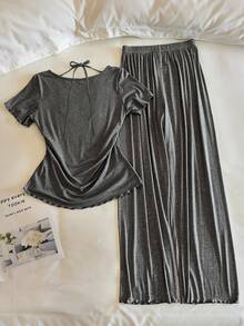 Women's Solid Color Pleated Short Sleeve Top And Long Pants Casual Daily 2 Pieces Set - Multicolor - View 2