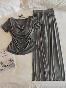 Women's Solid Color Pleated Short Sleeve Top And Long Pants Casual Daily 2 Pieces Set - Multicolor - View 1