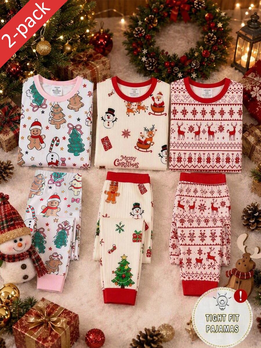 2pcs/Set Young Girls Pajamas, Cute Christmas Color Element Print Long Sleeve Long Pants Knit Snug Fit Sleepwear Loungewear Set - White - View 1