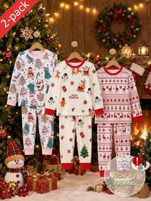 2pcs/Set Young Girls Pajamas, Cute Christmas Color Element Print Long Sleeve Long Pants Knit Snug Fit Sleepwear Loungewear Set - White - View 8