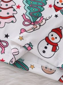 2pcs/Set Young Girls Pajamas, Cute Christmas Color Element Print Long Sleeve Long Pants Knit Snug Fit Sleepwear Loungewear Set - White - View 5