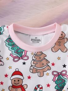 2pcs/Set Young Girls Pajamas, Cute Christmas Color Element Print Long Sleeve Long Pants Knit Snug Fit Sleepwear Loungewear Set - White - View 4