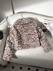 SHEIN 少女長袖抓絨秋季衣物 豹紋人造毛皮夾克 翻領毛茸短版外套 米色棕色 加厚保暖絨毛外套 冬季秋季 - 彩色 - 查看 2
