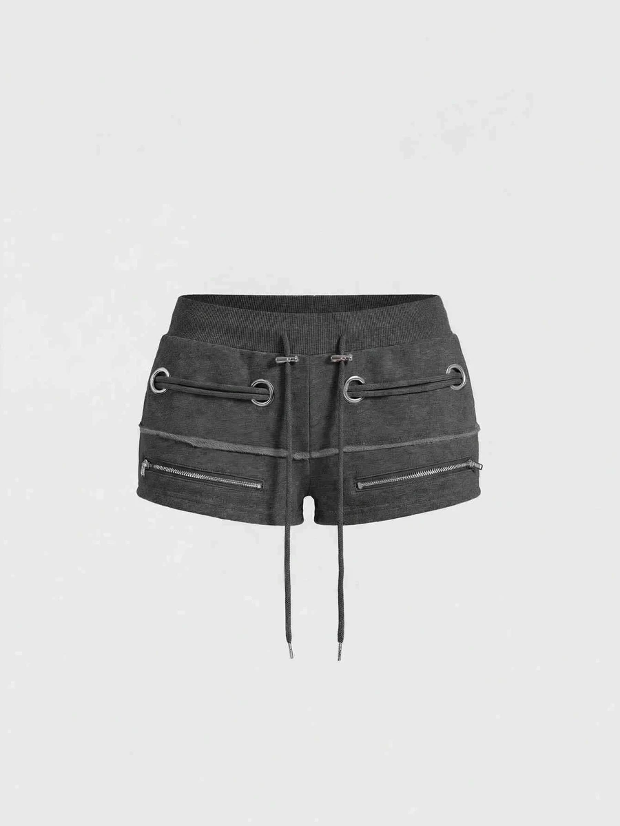 ROMWE Grunge Punk Y2K Retro Distressed Snowflake Metal Eyelet Lace-Up Ultra Low Waist Mini Shorts - Dark Grey - View 1