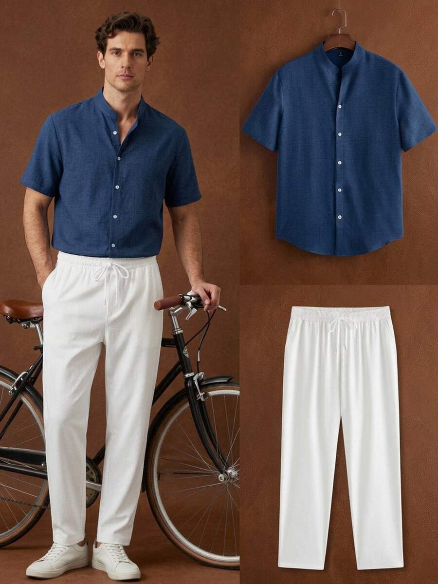 HIMLAND Men's Shirt Set, 2-Pieces Summer Outfit, Navy Blue Short Sleeve Button Down Shirt & White Drawstring Pants, Resort Wear, Block, Color, Contrast - Blue - View 1