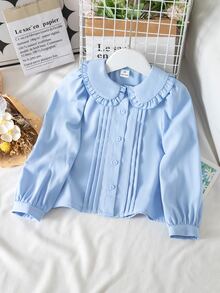 SHEIN Young Girl Cute Versatile Kids Casual Urban Campus Long Sleeve Peter Pan Collar Blouse - Baby Blue - View 1