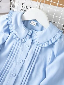 SHEIN Young Girl Cute Versatile Kids Casual Urban Campus Long Sleeve Peter Pan Collar Blouse - Baby Blue - View 3