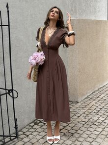 Lucivie 女款優雅休閒復古棕色V領蕾絲泡泡袖長洋裝，女款優雅寬鬆鈕扣式長裙，夏季女裝，節慶洋裝，優雅長款派對洋裝，婚禮賓客洋裝，夏季海灘洋裝，女款畢業洋裝，女款生日洋裝，女士優雅洋裝，女款休閒洋裝，夏季度假穿搭，棕色洋裝 - 棕色 - 查看 4