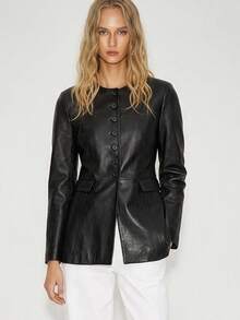 ATUI Studio Women's Street Fashion Button Long Sleeve PU Material Jacket - Black - View 2