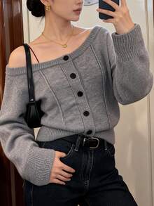 Vibekara Vintage Plus Size Women's Round Neck Slimming Long Sleeve Cardigan Sweater, Suitable For Daily And Holiday Wear - Grey - View 1
