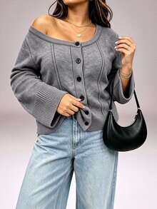 Vibekara Vintage Plus Size Women's Round Neck Slimming Long Sleeve Cardigan Sweater, Suitable For Daily And Holiday Wear - Grey - View 4