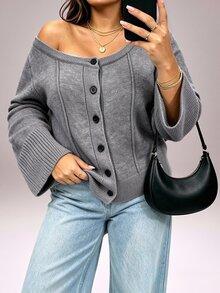 Vibekara Vintage Plus Size Women's Round Neck Slimming Long Sleeve Cardigan Sweater, Suitable For Daily And Holiday Wear - Grey - View 8