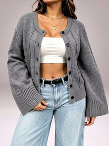 Vibekara Vintage Plus Size Women's Round Neck Slimming Long Sleeve Cardigan Sweater, Suitable For Daily And Holiday Wear - Grey - View 3