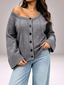 Vibekara Vintage Plus Size Women's Round Neck Slimming Long Sleeve Cardigan Sweater, Suitable For Daily And Holiday Wear - Grey - View 6