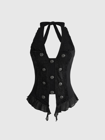 Courtly Gothic Napoleon Button Design Contrast Lace Halter Neck Sleeveless Blouse
