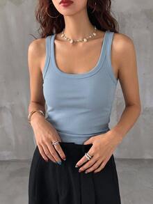 DAZY Tank Top Wanita Polos, Pas Badan, Kasual, Cocok untuk Liburan Musim Panas - Biru - View 7