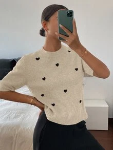 DAZY 心形装饰宽松短袖圆领休闲针织上衣，女款，春秋季 - 杏色 - 查看 3