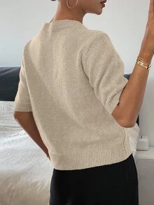 DAZY 心形装饰宽松短袖圆领休闲针织上衣，女款，春秋季 - 杏色 - 查看 2