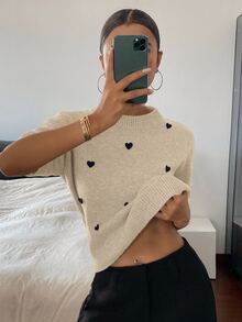 DAZY 心形装饰宽松短袖圆领休闲针织上衣，女款，春秋季 - 杏色 - 查看 6