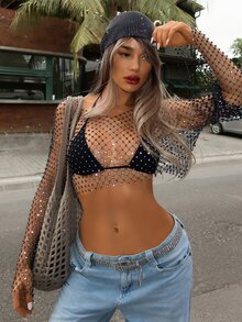 Swim SXY 女款水鑽魚網長袖T恤 黑色 秋季 性感 Y2K 透視V領閃亮外出上衣 適合假期派對 音樂節 萬聖節 新年 - 黑色 - 查看 2