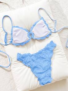 SHEIN Swim 纯色提花面料可爱荷叶边系带休闲沙滩比基尼套装（女士） - 藍色 - 查看 6
