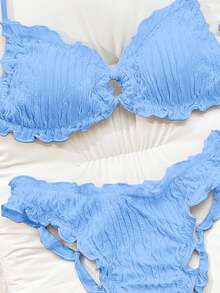 SHEIN Swim 纯色提花面料可爱荷叶边系带休闲沙滩比基尼套装（女士） - 藍色 - 查看 4