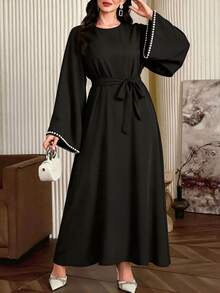 Al Najma Solid Flounce Sleeve Kaftan Dress - Khaki - View 5