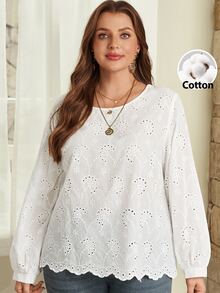 EMERY ROSE Plus Size French Embroidery Hollow Out Long Sleeve Blouse For Date Brunch Formal Evening And Vacation White Autumn Elegant Fall - White - View 5