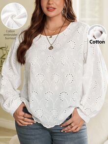 EMERY ROSE Plus Size French Embroidery Hollow Out Long Sleeve Blouse For Date Brunch Formal Evening And Vacation White Autumn Elegant Fall - White - View 1