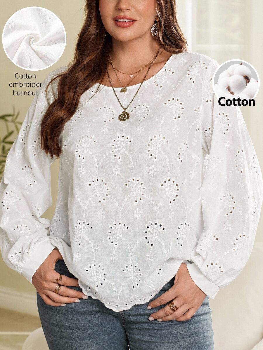 EMERY ROSE Plus Size French Embroidery Hollow Out Long Sleeve Blouse For Date Brunch Formal Evening And Vacation White Autumn Elegant Fall - White - View 1