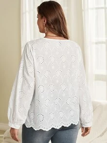 EMERY ROSE Plus Size French Embroidery Hollow Out Long Sleeve Blouse For Date Brunch Formal Evening And Vacation White Autumn Elegant Fall - White - View 3