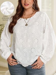 EMERY ROSE Plus Size French Embroidery Hollow Out Long Sleeve Blouse For Date Brunch Formal Evening And Vacation White Autumn Elegant Fall - White - View 6