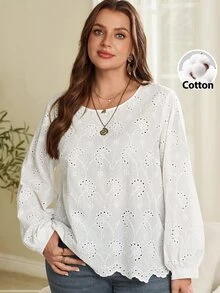 EMERY ROSE Plus Size French Embroidery Hollow Out Long Sleeve Blouse For Date Brunch Formal Evening And Vacation White Autumn Elegant Fall - White - View 2