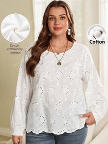 EMERY ROSE Plus Size French Embroidery Hollow Out Long Sleeve Blouse For Date Brunch Formal Evening And Vacation White Autumn Elegant Fall - White - View 4