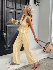 Serisse Women's Vacation Casual Striped Tank Top And Pants 2 Pieces Set - Light Yellow - View 3