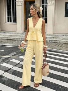 Serisse Women's Vacation Casual Striped Tank Top And Pants 2 Pieces Set - Light Yellow - View 1