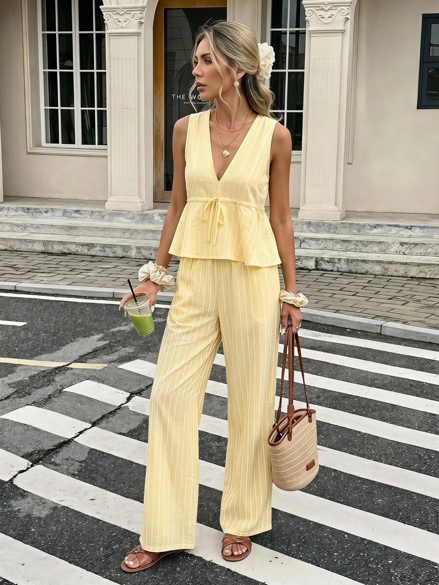 Serisse Women's Vacation Casual Striped Tank Top And Pants 2 Pieces Set - Light Yellow - View 1