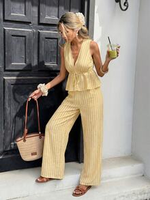 Serisse Women's Vacation Casual Striped Tank Top And Pants 2 Pieces Set - Light Yellow - View 4