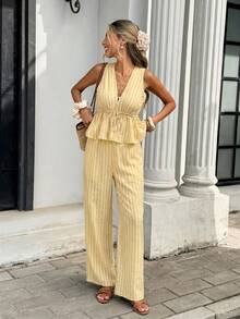 Serisse Women's Vacation Casual Striped Tank Top And Pants 2 Pieces Set - Light Yellow - View 5