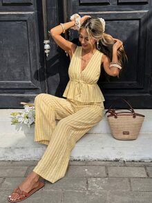 Serisse Women's Vacation Casual Striped Tank Top And Pants 2 Pieces Set - Light Yellow - View 6