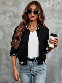 SHEIN Striped Trim Zip Up Bomber Jacket Fall Winter Cloth For Women - Black - View 3
